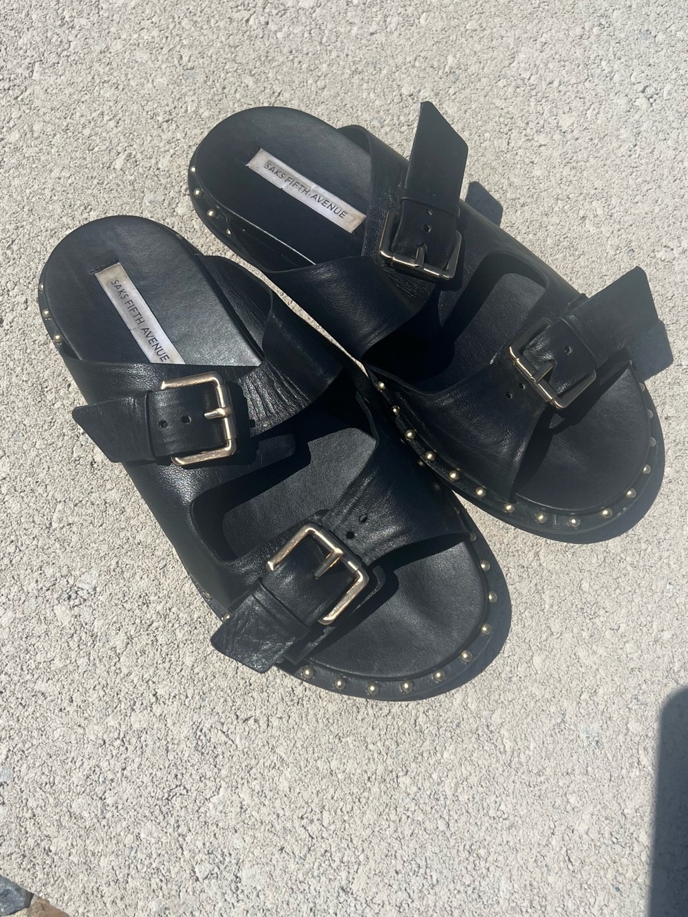 Saks Fifth Avenue Black Studded Leather Double Buckle Sandals